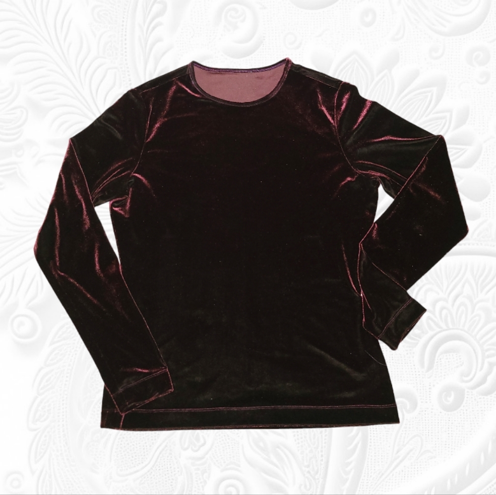 Burgundy Velvet Round Neck Long Sleeve Top